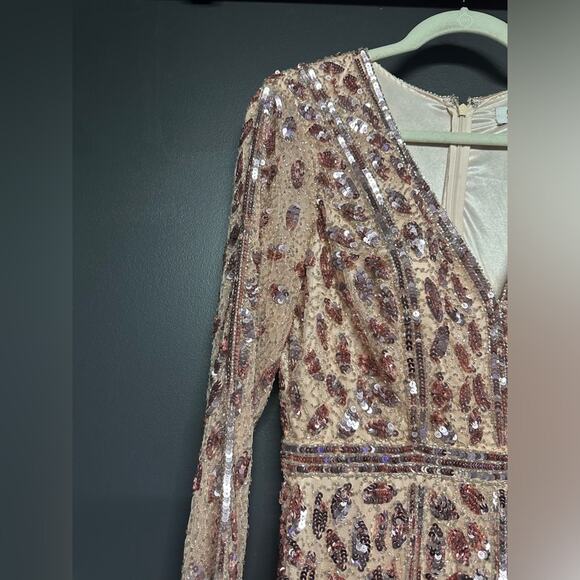 NEW Mac Duggal Embellished Front Slit Long Sleeve Gown Rose Gold 10 5502 - Picture 4 of 6